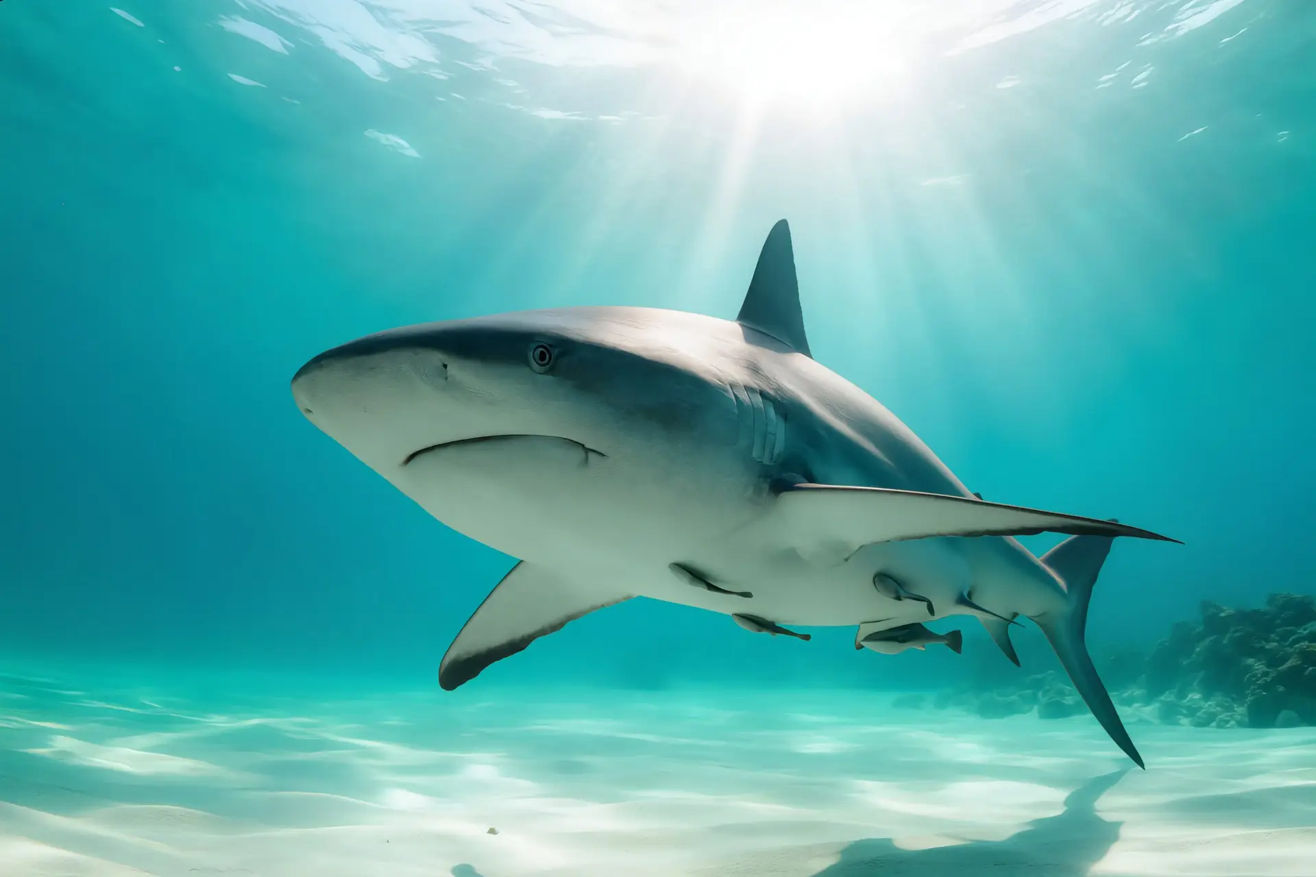 Ajkula koja pliva pod vodom uz sunčeve zrake u plavom moru