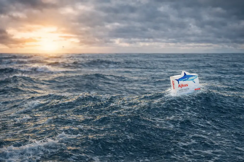 Pakovanje Ajkus Shark Liver Oil na morskom talasu pri zalasku sunca