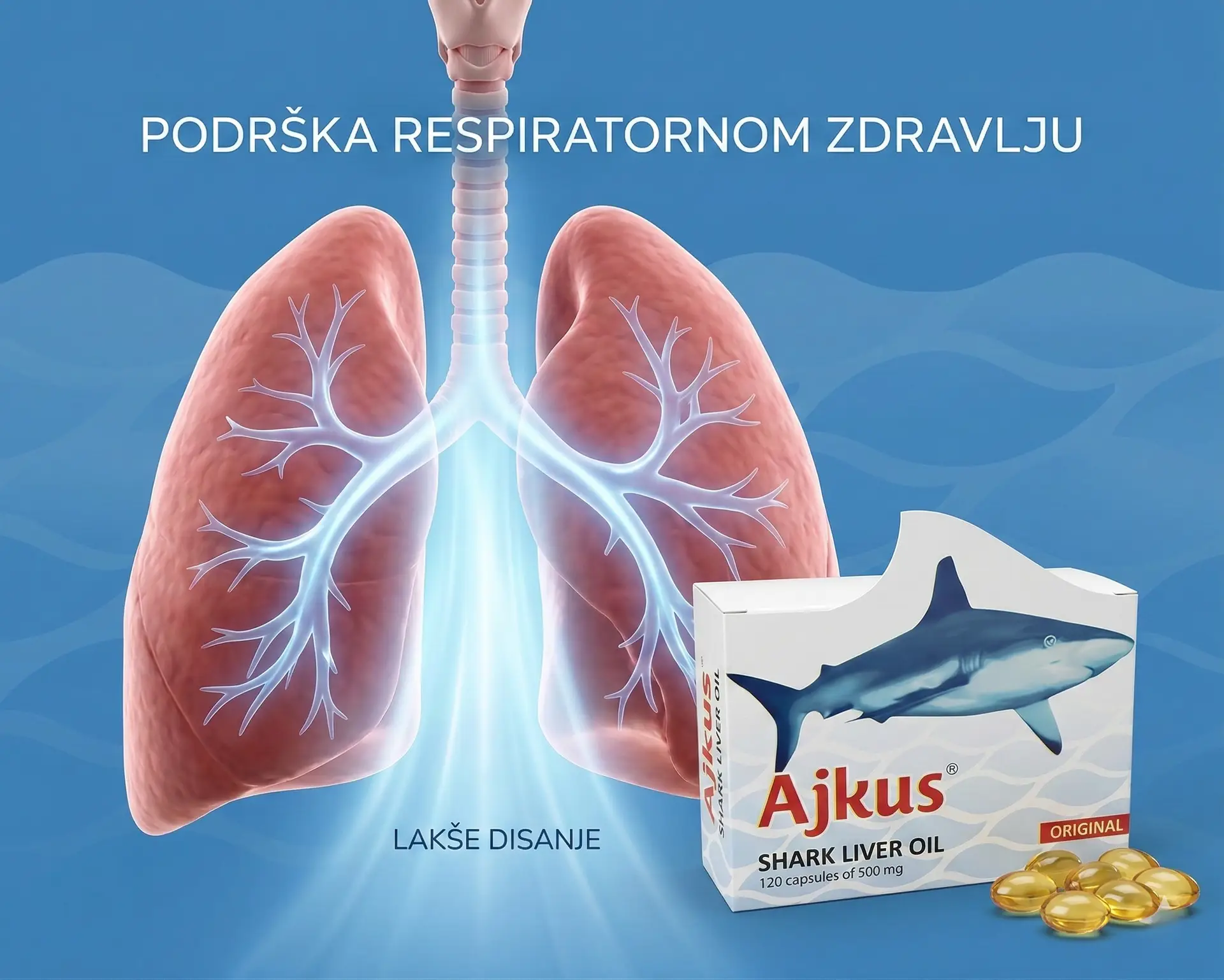 Grafički prikaz pluća i respiratornog sistema uz Ajkus Shark Liver Oil sa porukom podrška respiratornom zdravlju