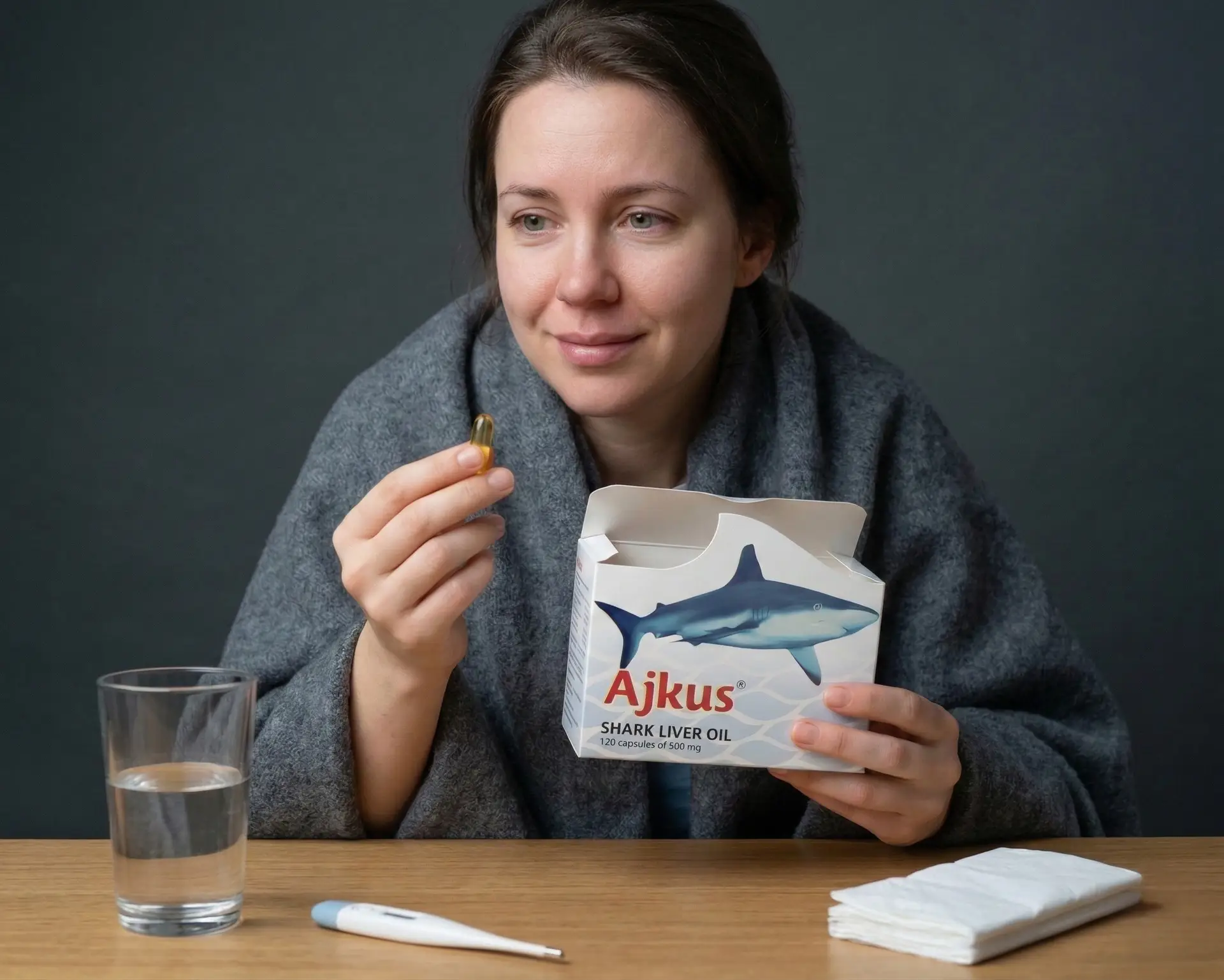 Osoba drži kapsulu i pakovanje Ajkus Shark Liver Oil pored čaše vode