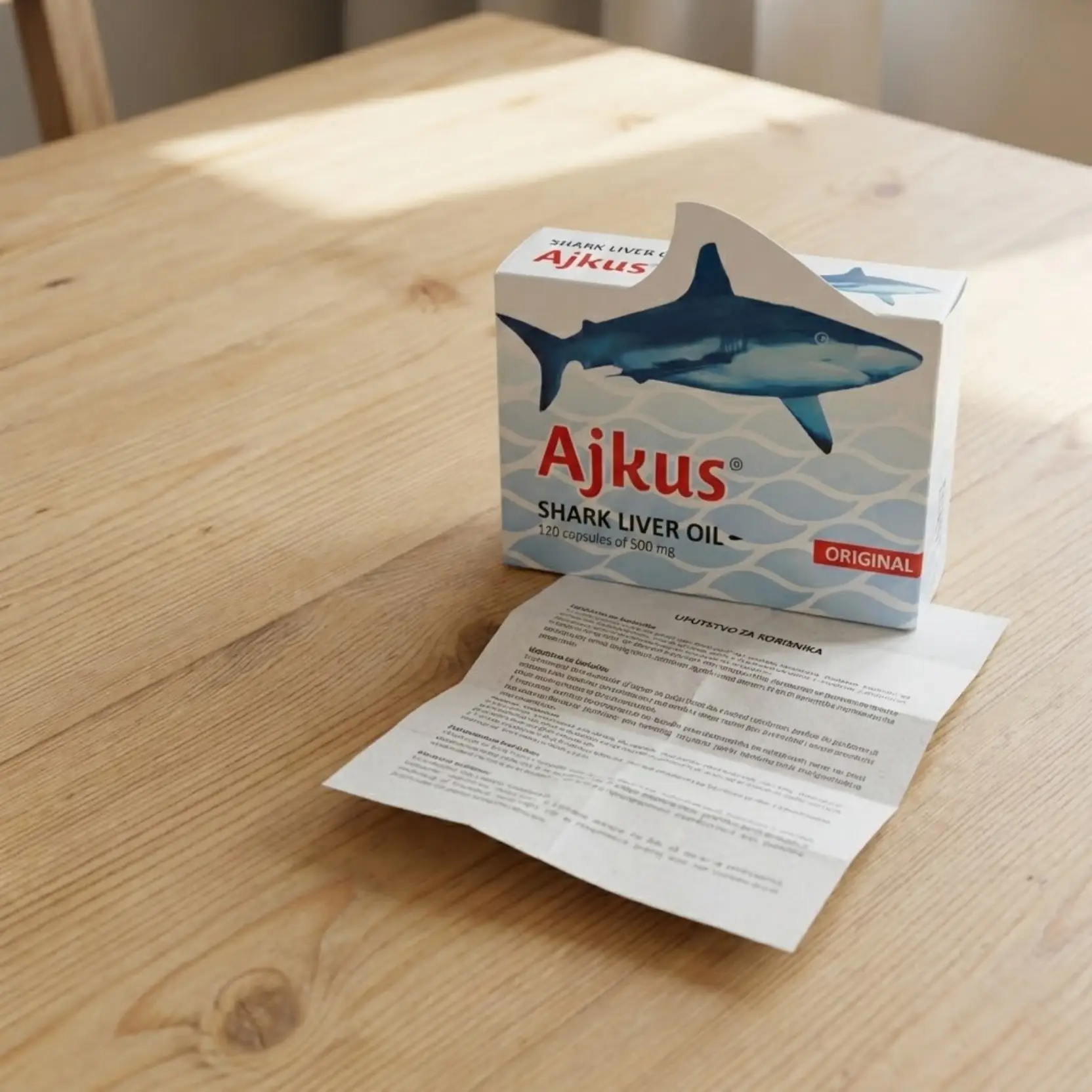 Pakovanje Ajkus Shark Liver Oil Original sa 120 kapsula od 500 mg na drvenom stolu sa upustvom