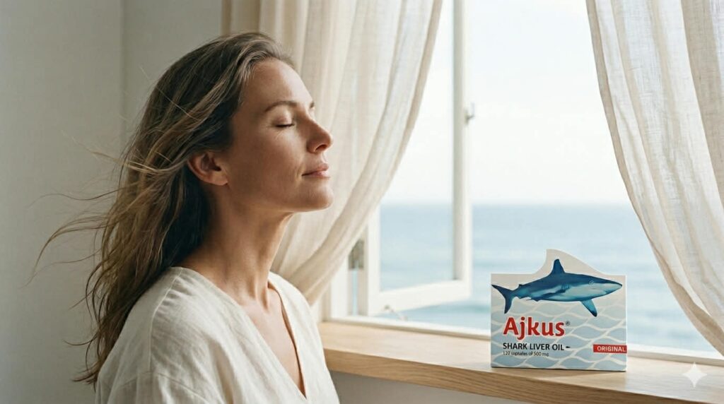 Zena zatvorenih ociju, okrenuta ka moru, a spred nje kutija Ajkus kapsula. 